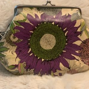Patricia Nash Savena leather wristlet.  Green & purple floral.